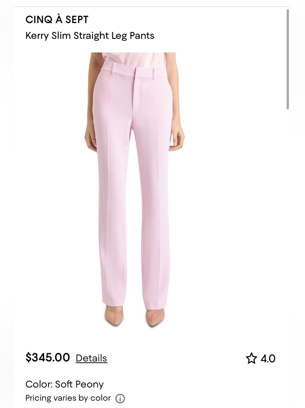 cinq a sept Kerry Slim Straight Leg Pants — Soft Peony; Size 0